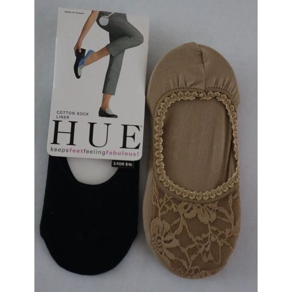 Hue Women's Size One Size Nude & Black Cotton Liner Socks - 2 Pairs - Picture 1 of 2